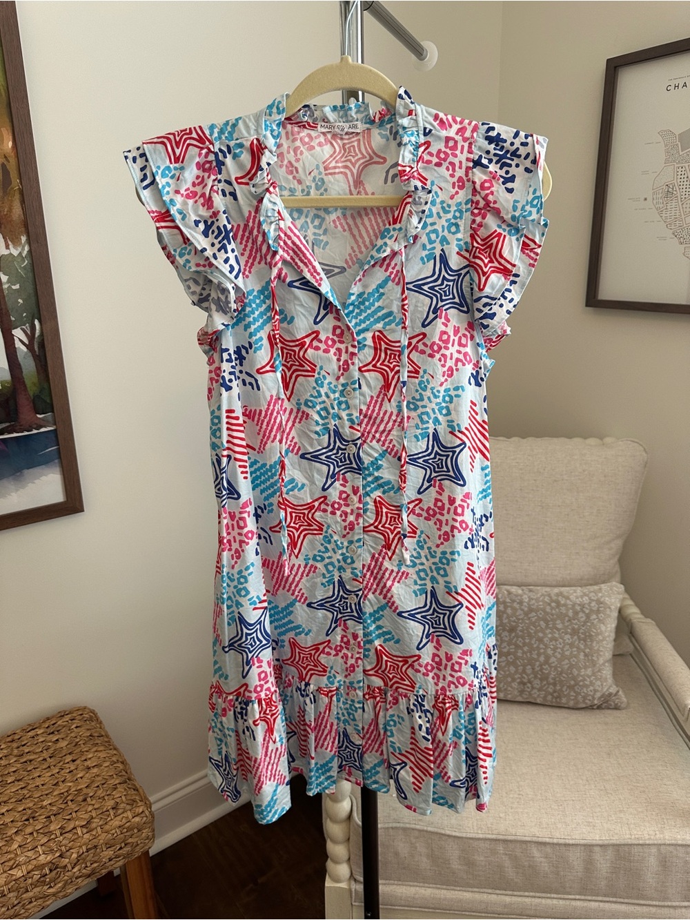 Sleeveless Star Print Mini Dress in Red, Blue & Aqua
